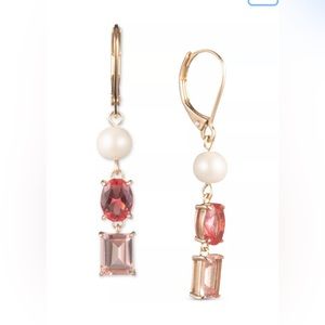 Gold-Tone Imitation Pearl & Color Stone Triple Drop Earrings